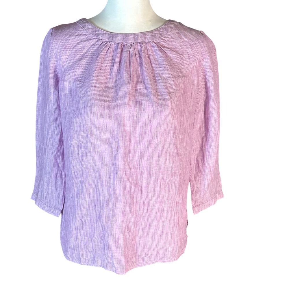 Boden Linen Top Women 4 Lavender White Stripe Button Back Neck 3/4 Sleeve